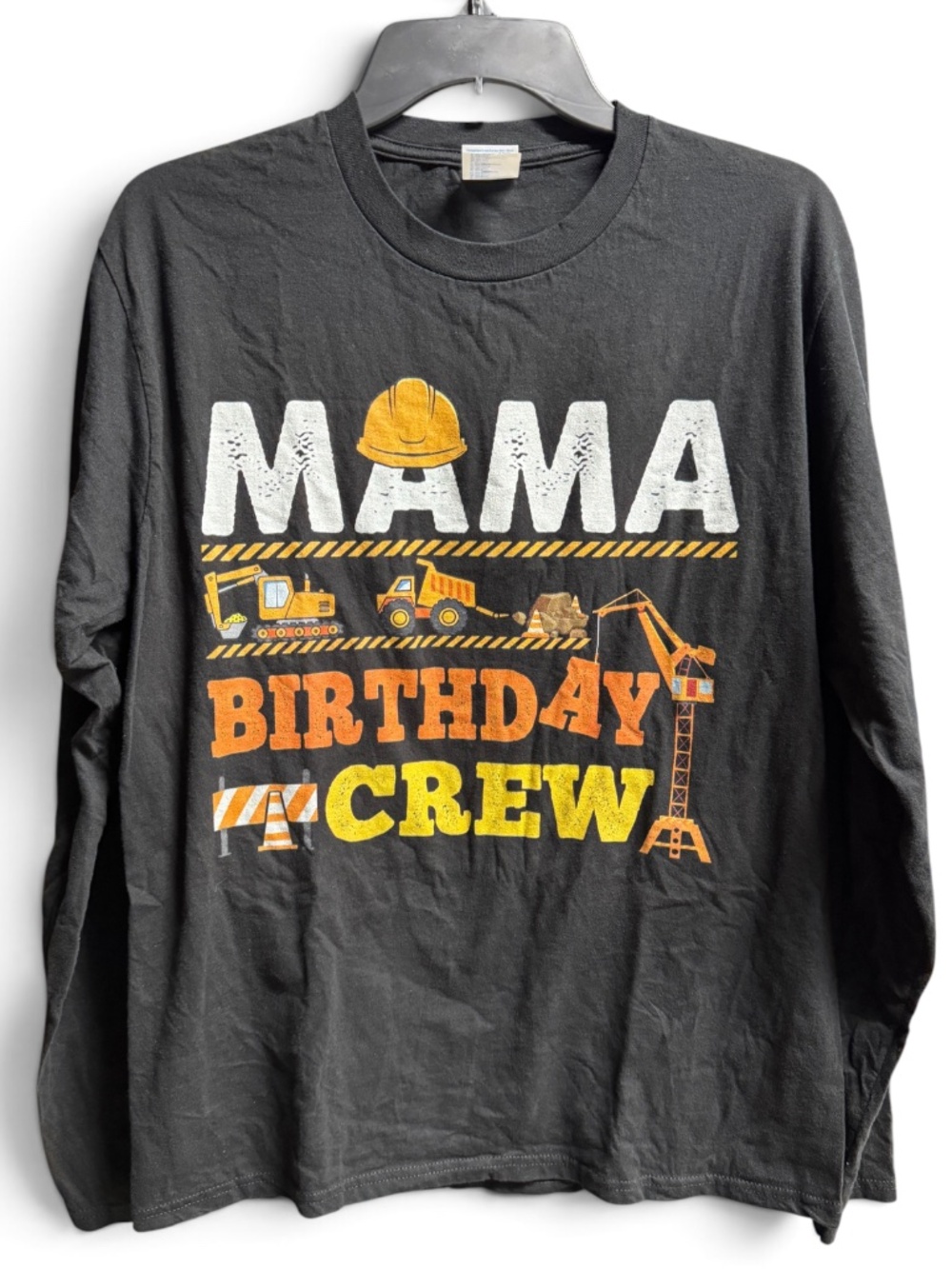 Port & Company Mama Birthday Crew Construction Trucks Long Sleeve Tee M